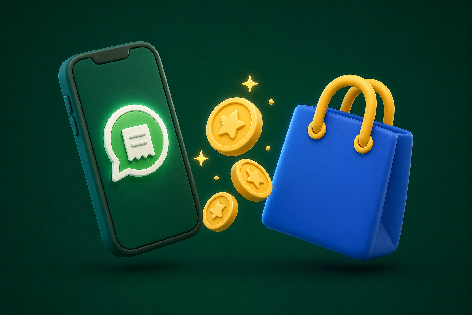 3D ilustracija loyalty programa: telefon s WhatsApp računom, zlatni bodovi i plava vrećica za kupovinu